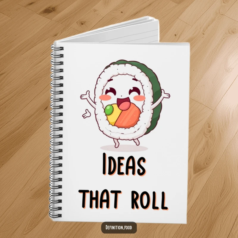 Funny sushi notebook with a delighted sushi roll character performing a happy pirouette, ideal for notes and sketches.