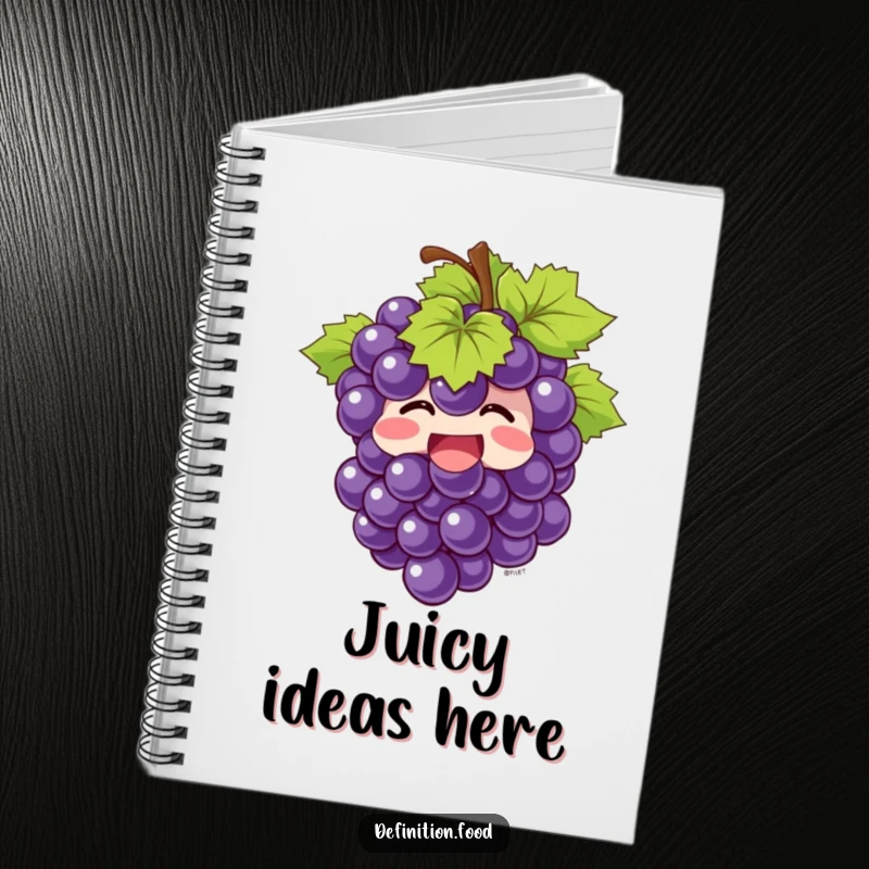 Funny Notebook with a giggling bunch of grapes bursting with joy on the cover, perfect for jotting down happy thoughts.