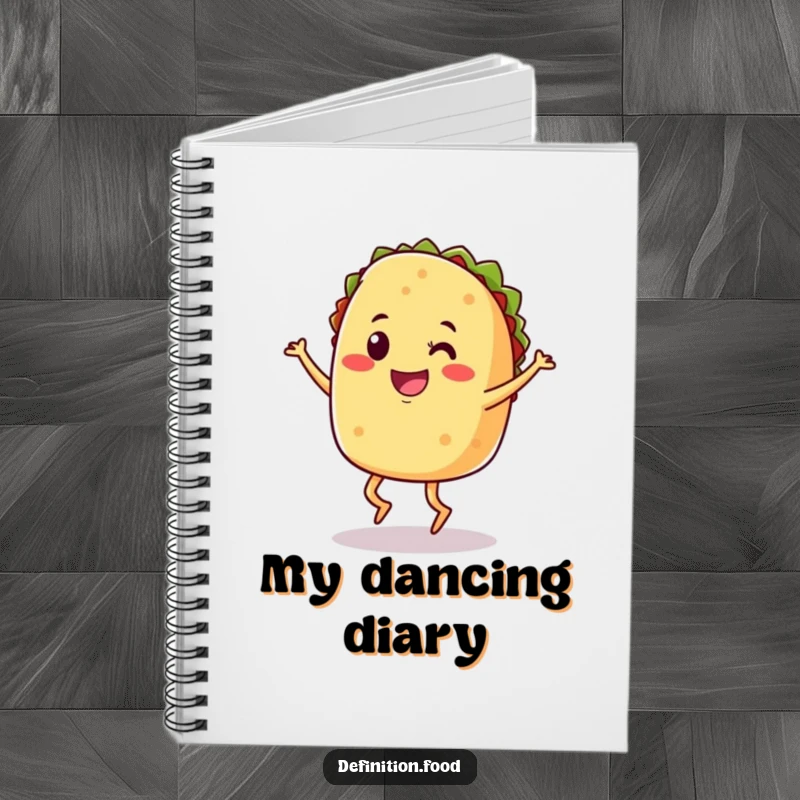 Funny notebook with a smiling taco doing a joyful jig, perfect for notes and doodles.