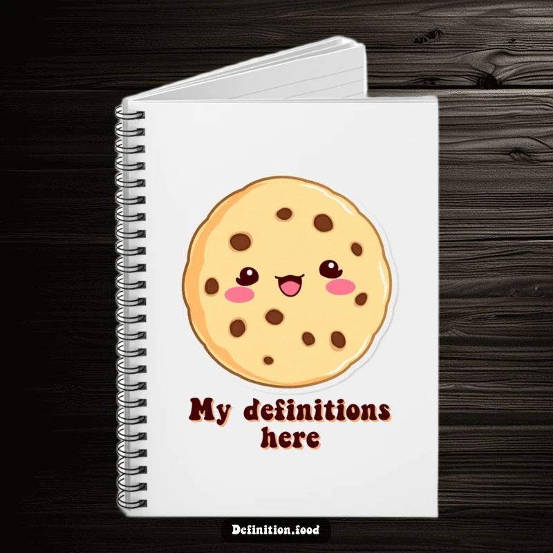 Funny cookie character notebook, humorously defining a word, perfect for jotting down ideas.