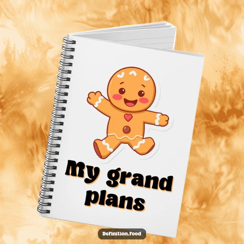 Funny notebook with a joyful, skipping gingerbread man character, ideal for jotting down notes and holiday wishes with cheer.