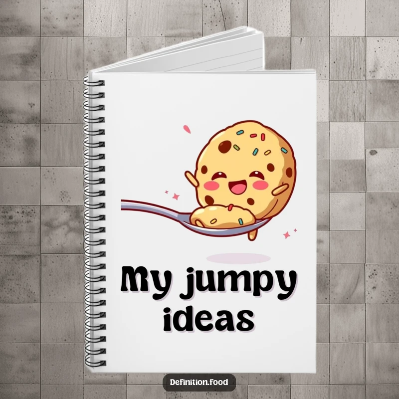 Funny notebook with a cookie and sprinkles enthusiastically jumping from a spoon, great for notes.