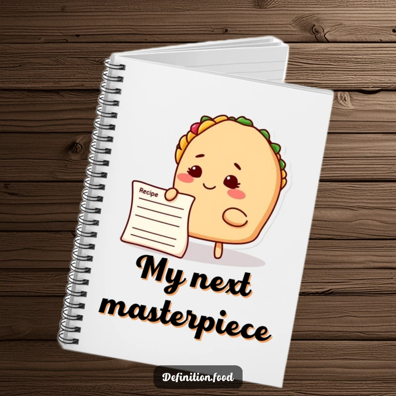 Funny taco chef notebook, smiling taco character pondering a recipe card, perfect for jotting down thoughts.