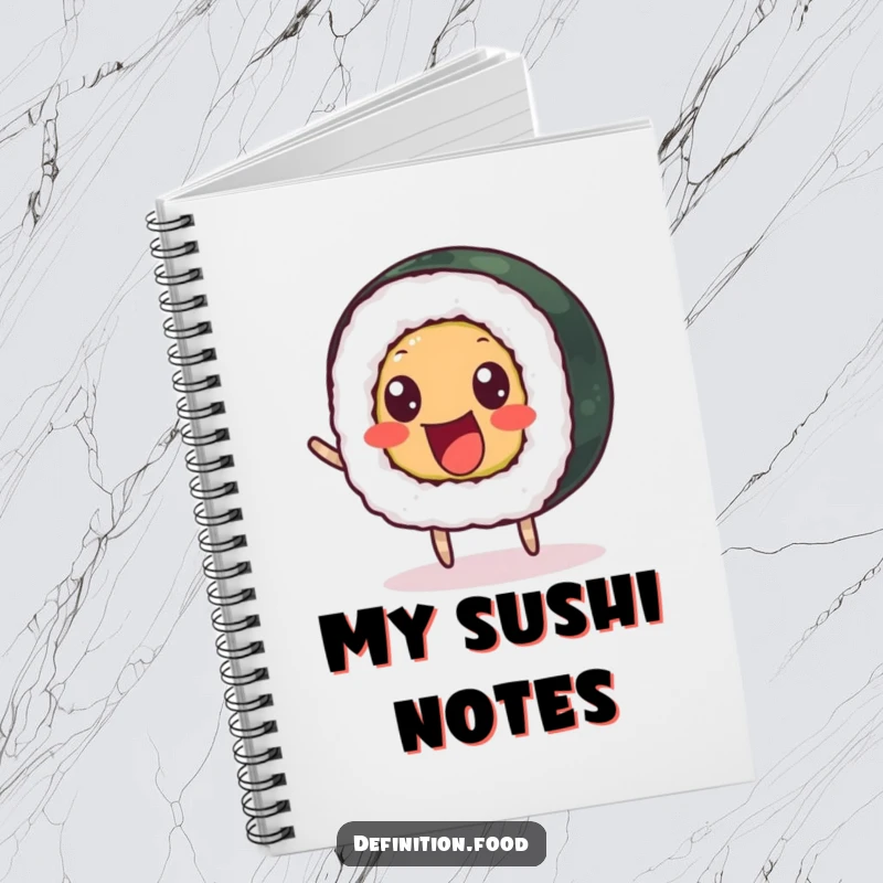 Funny notebook with a delighted sushi roll and beady eyes bouncing happily, great for notes.
