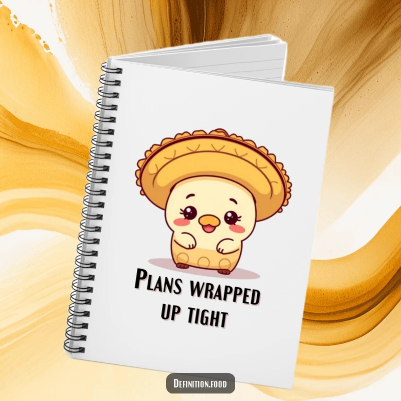 Funny mischievous burrito character peeking from under a sombrero, perfect for note-taking in this humorous notebook.