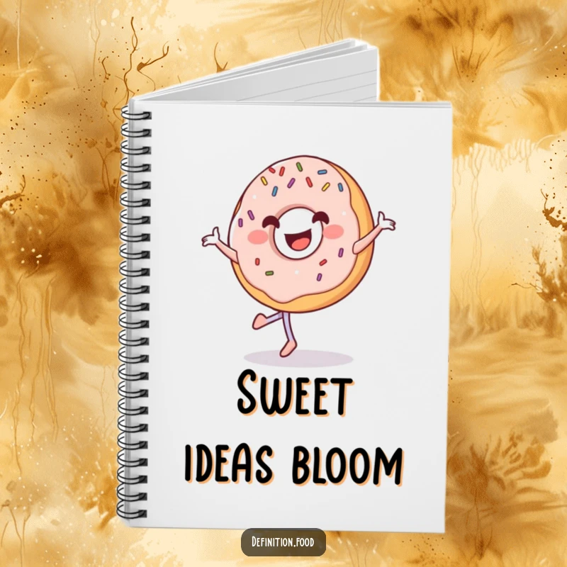 Funny grinning donut notebook with sprinkles, happily pirouetting across the cover.