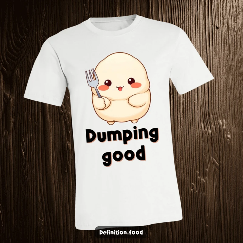 Funny T-Shirt showcasing a proud dumpling with rosy cheeks holding a small fork, a humorous and charming food design.