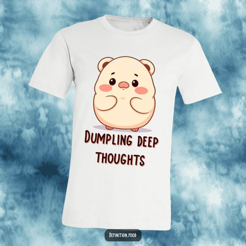 Funny proud dumpling character t-shirt, looking thoughtful, ideal for contemplative foodies.