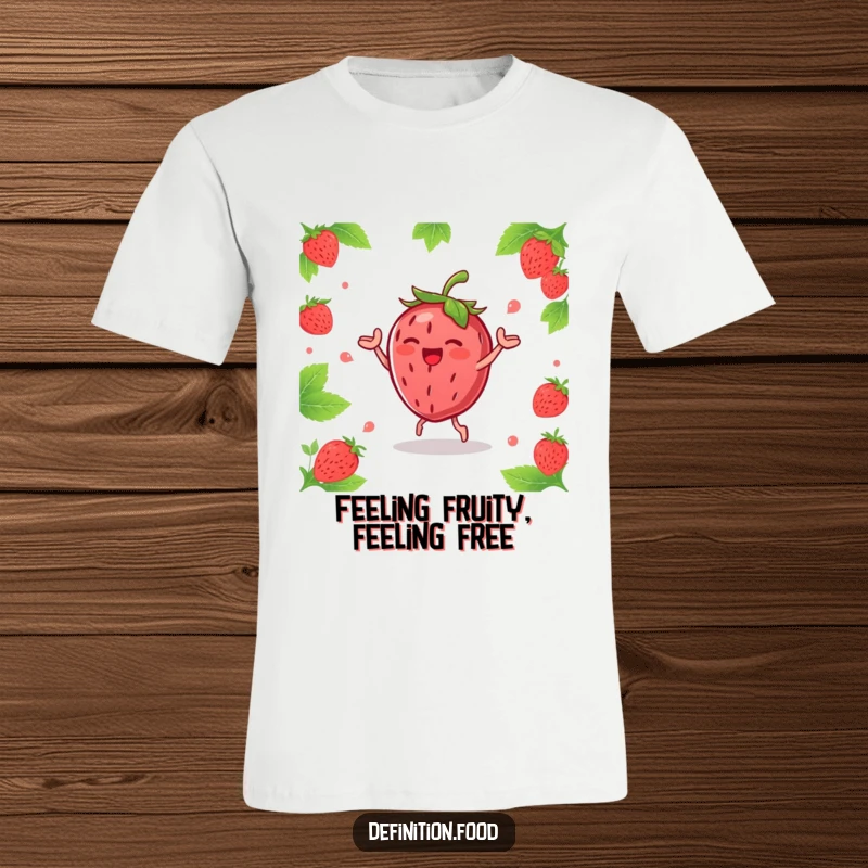 Funny joyous strawberry character doing a happy dance with leaves, printed on a fun and comfortable t-shirt.