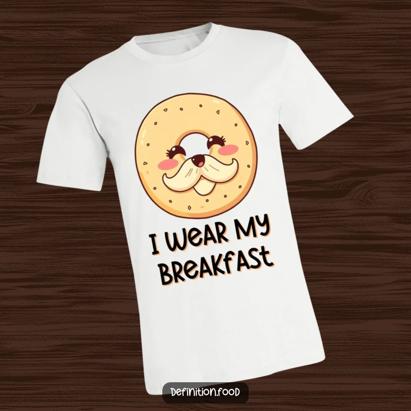 Funny t-shirt with a smiling bagel character proudly displaying a cream cheese mustache, perfect for those who appreciate delicious and witty designs.