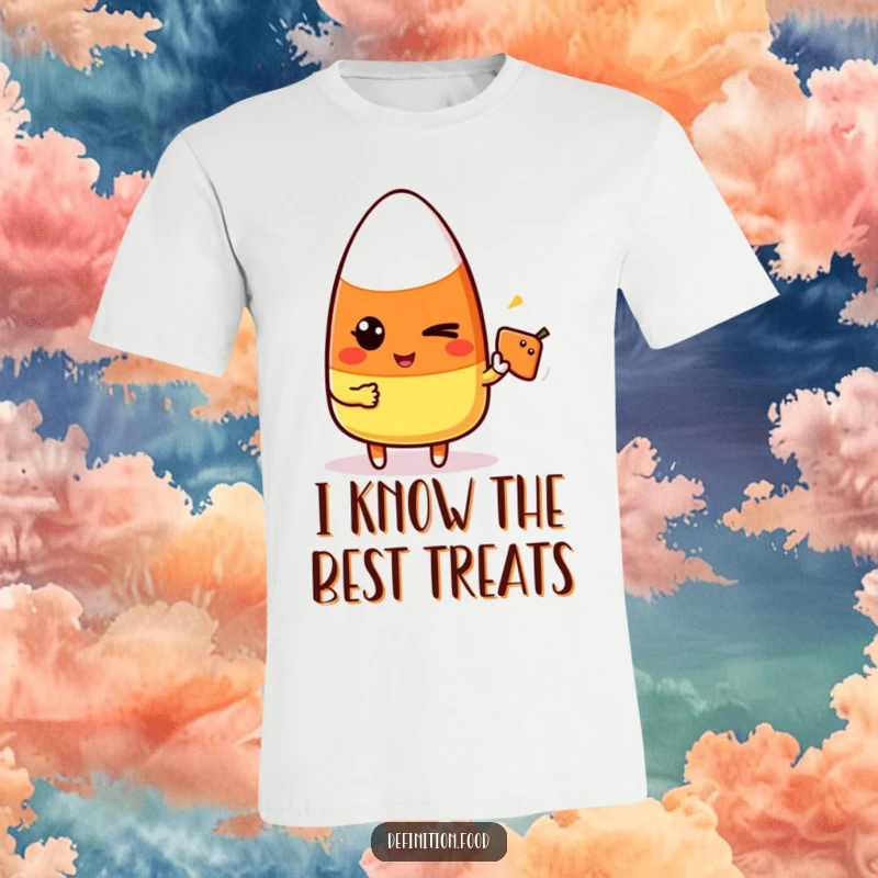 Funny candy corn character winking and pointing at a simple food icon on a t-shirt, playful and humorous design.