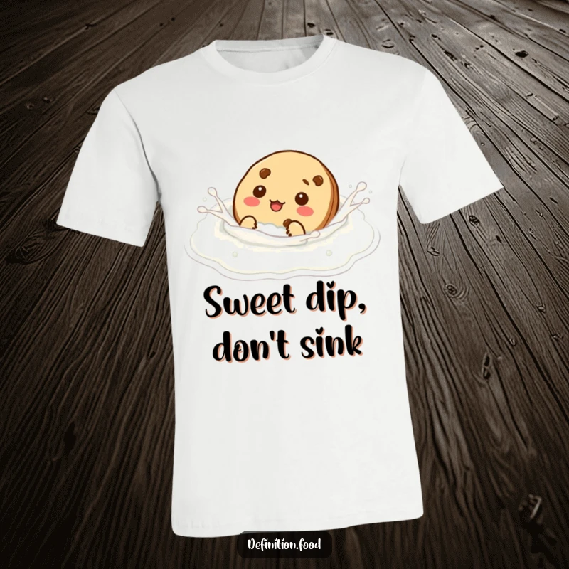 Funny cookie character goofily pretending to swim in milk, printed on a humorous and comfortable t-shirt.