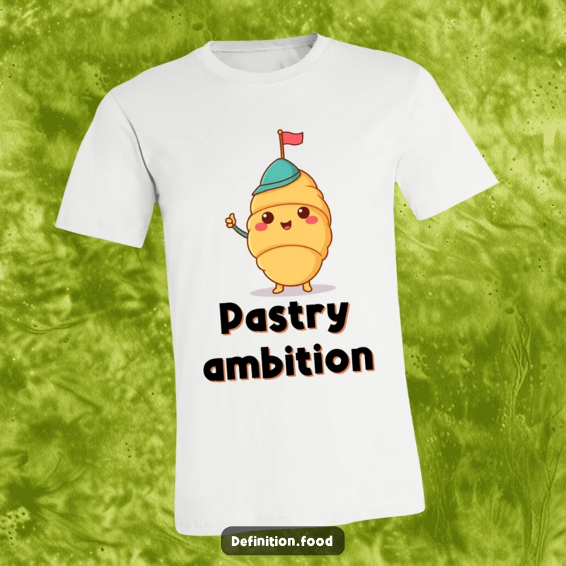 Funny t-shirt with a cheerful croissant in a jaunty hat waving a tiny flag, great for casual wear.