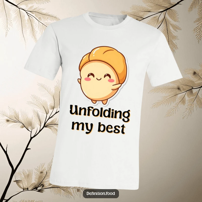 Funny t-shirt featuring a stylized croissant character happily unfurling its layers, great for foodies and a funny gift.