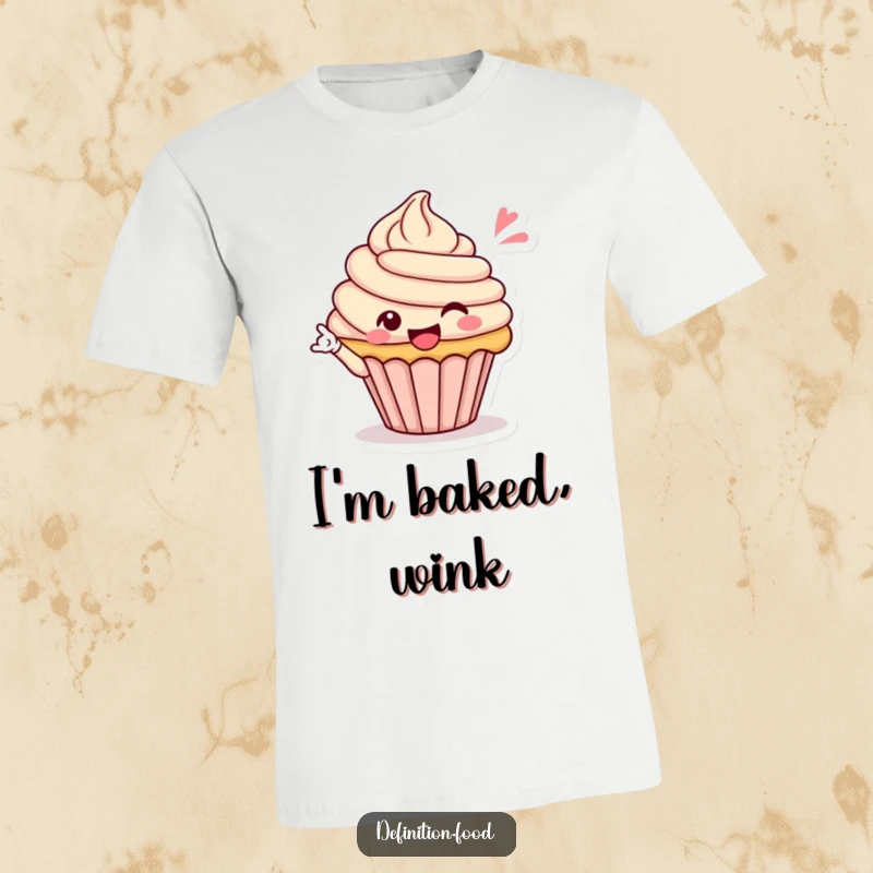 Funny t-shirt featuring a happy cupcake character giving a celebratory wink, perfect for cheerful casual wear and a funny gift.