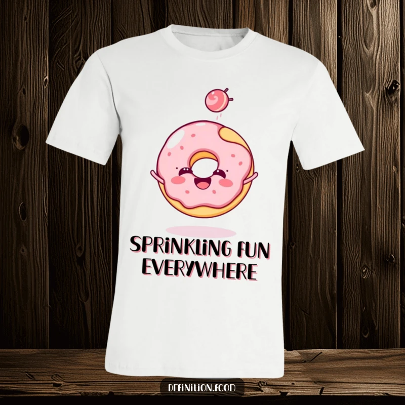Funny donut t-shirt with a cheerful donut character joyfully tossing a tiny candy, celebrating sweetness and fun.