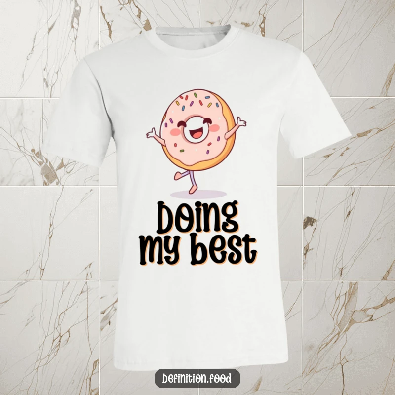 Funny donut t-shirt featuring a grinning donut with sprinkles, happily performing a graceful pirouette.