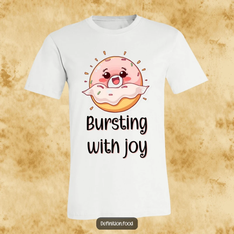 Funny happy donut character exploding from its wrapper on a t-shirt, showcasing pure excitement and a love for sweets.