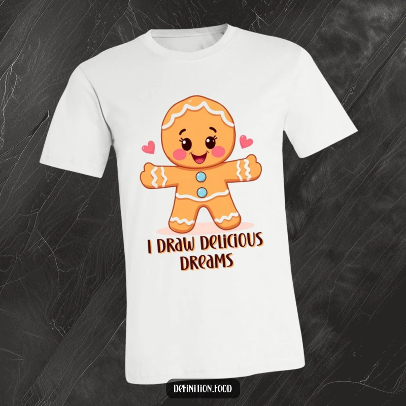 Funny joyful gingerbread man drawing a whimsical food illustration on a t-shirt, perfect for artists and bakers.