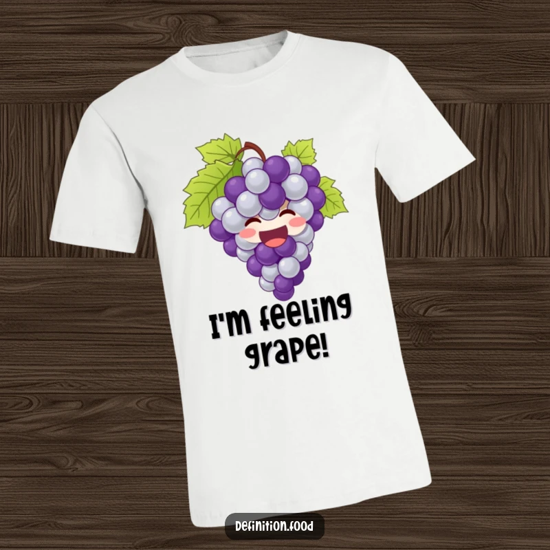 Funny grapes t-shirt showing a giggling bunch of grapes bursting with pure joy and happiness.