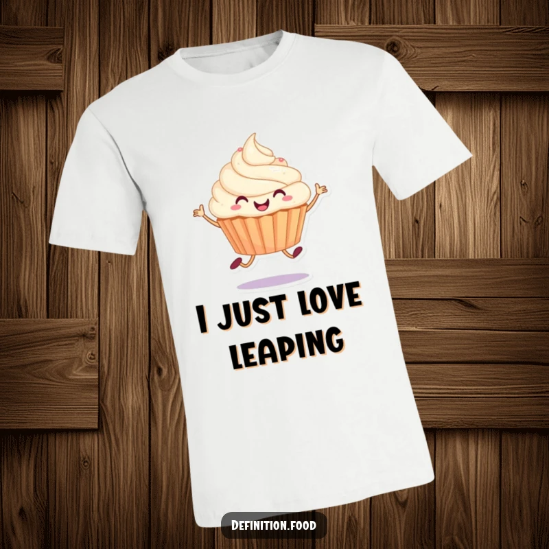 Funny T-shirt featuring a jubilant cupcake character caught in a cheerful, happy hop, embodying pure sweet glee.