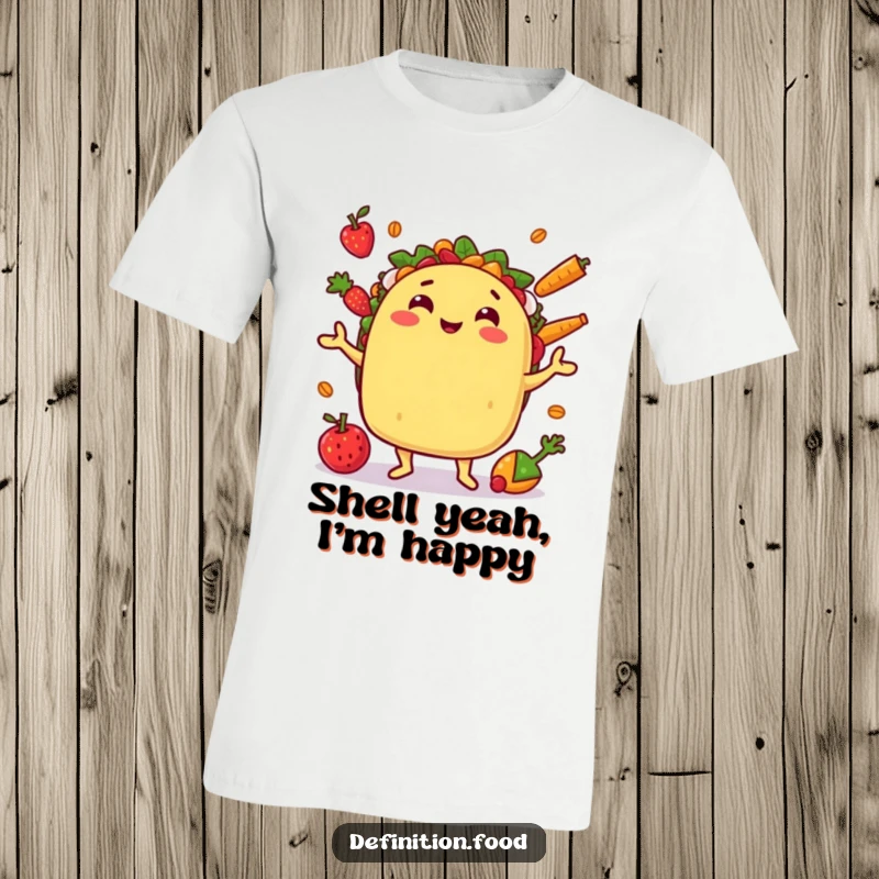 Funny t-shirt featuring a grinning taco character juggling ingredients, showcasing playful Mexican food humor.