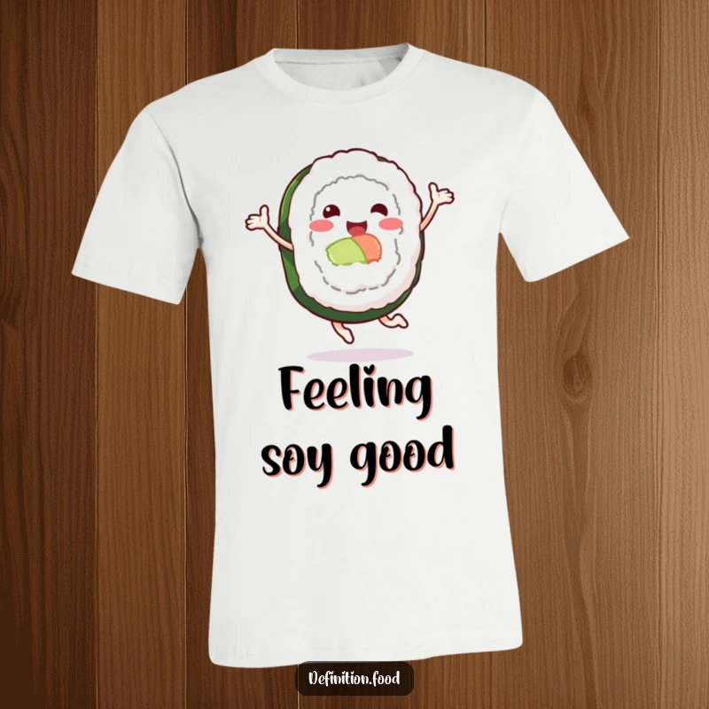 Funny t-shirt featuring a happy sushi roll character in a joyful leaping pose, showcasing playful food humor.