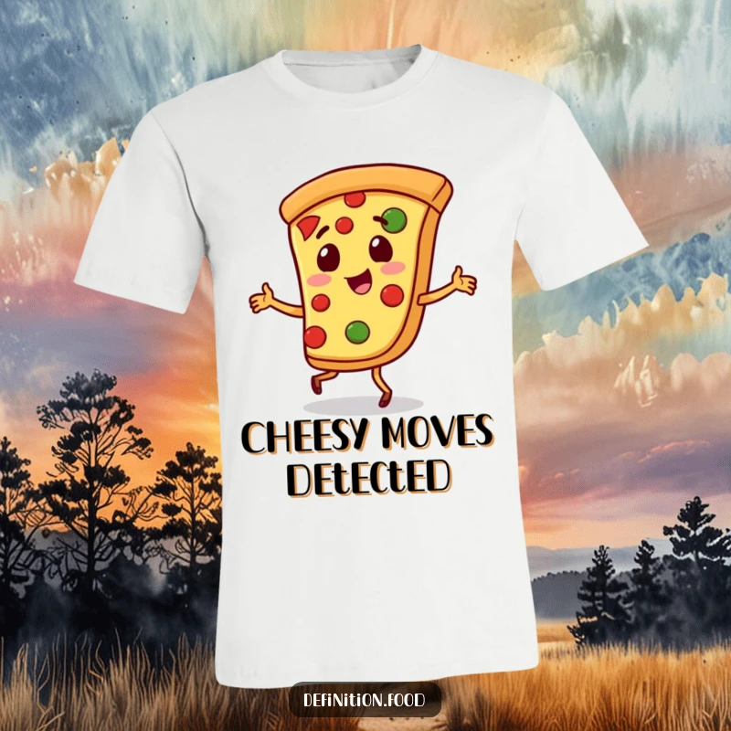 Funny pizza t-shirt with a playful slice of pizza character doing a little jig, celebrating food and dance.