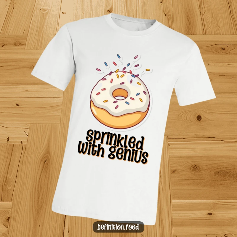 Funny t-shirt depicting a delighted doughnut character letting loose a shower of colorful sprinkles from its head in ecstatic celebration.