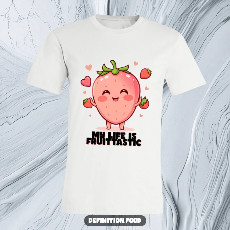 Funny blushing strawberry character artistically juggling miniature food shapes, a delightful t-shirt for humor lovers and foodies.