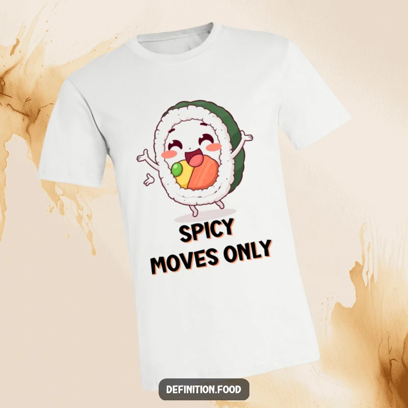 Funny sushi t-shirt featuring a delighted sushi roll character doing a happy pirouette, celebrating food and movement.