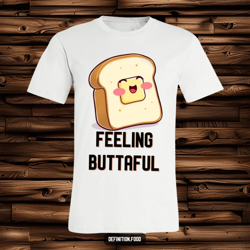 Funny T-Shirt depicting a slice of toast with butter wiggling with glee, a humorous and delightful wearable breakfast.