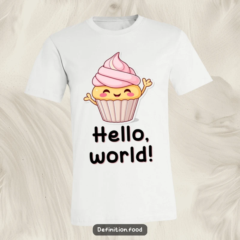 Funny cupcake t-shirt with vibrant frosting, a character giving a cheerful wave, ideal for casual wear, funny gift.