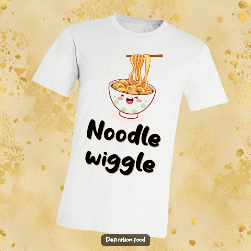 Funny ramen t-shirt, playful noodle character wiggling happily, a unique and funny gift for noodle enthusiasts.