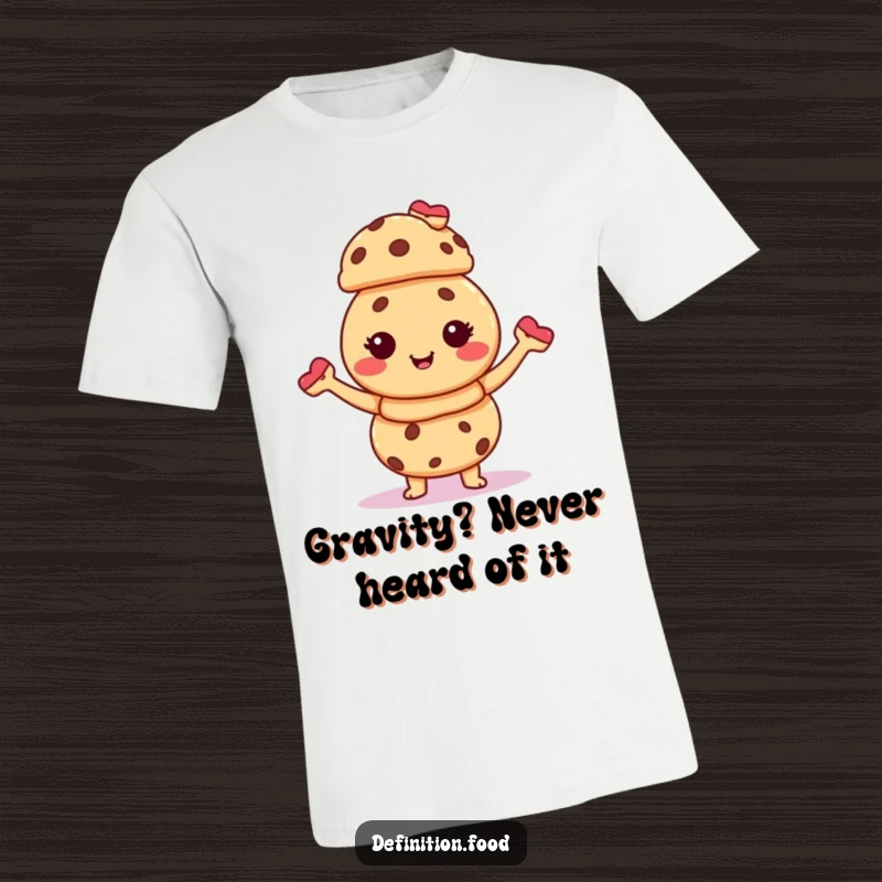 Funny T-shirt showcasing a gleeful cookie character precariously balancing a delightful stack of tiny pastries, radiating pure sugary joy.