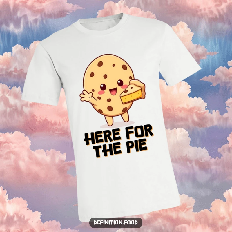 Funny cookie character offering a slice of pie on a t-shirt, symbolizing generosity and a love for desserts.