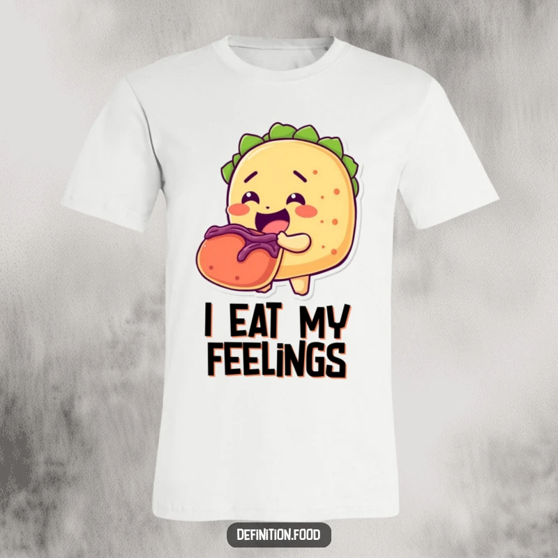 Funny t-shirt depicting a happy taco character enthusiastically taking a giant bite out of another taco, showcasing pure taco bliss.