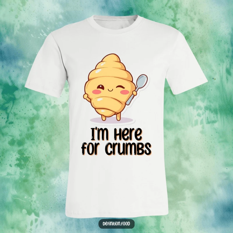 Funny t-shirt featuring a winking croissant character offering a small spoon, perfect for those with a playful and savory sense of style.