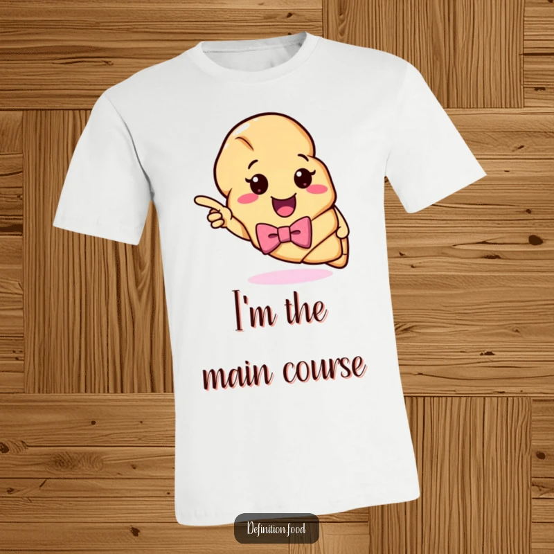 Funny Croissant Definition T-Shirt: A cheerful croissant in a bow tie gestures towards a vibrant, humorous definition, making a stylish statement.