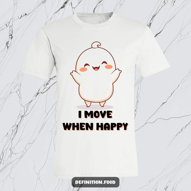 Funny t-shirt featuring a smiling dumpling character doing a cute dance, perfect for casual wear and a funny gift.