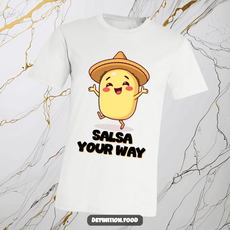 Funny happy taco t-shirt featuring a taco in a sombrero, joyfully performing a lively salsa dance.
