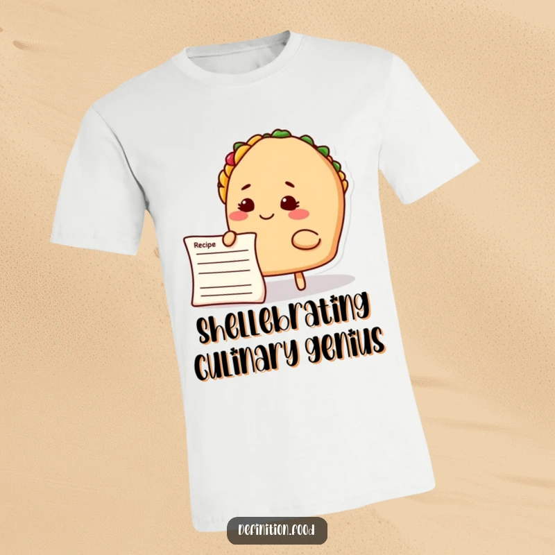 Funny taco chef t-shirt, smiling taco character examining a recipe card, perfect for food lovers and humor enthusiasts.