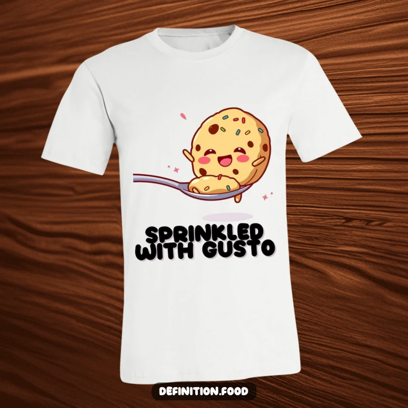 Funny t-shirt with a cookie and sprinkles enthusiastically jumping from a spoon, great for casual wear.