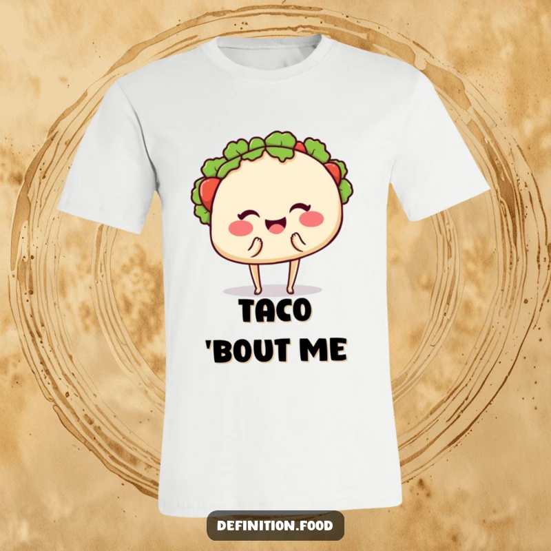 Funny t-shirt featuring a smiling taco with little legs, winking playfully while offering a piece of itself, a comical invitation.