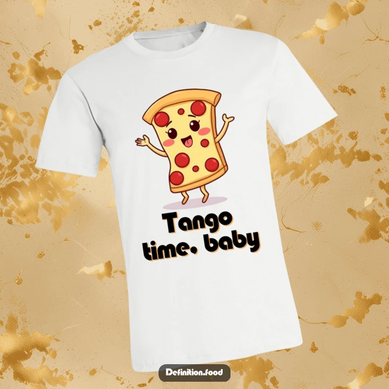 Funny t-shirt graphic of a giggling pizza slice with pepperoni spots performing a lively tango dance with passion.