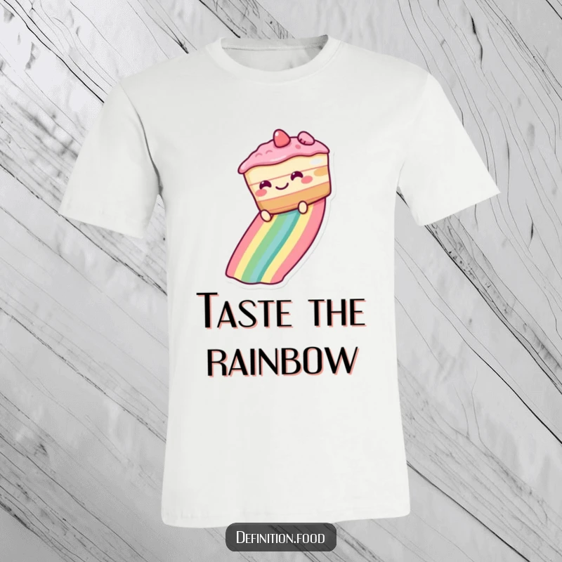 Funny T-Shirt showcasing a grinning cake joyfully sliding down a colorful rainbow, a delightful and humorous wearable treat.