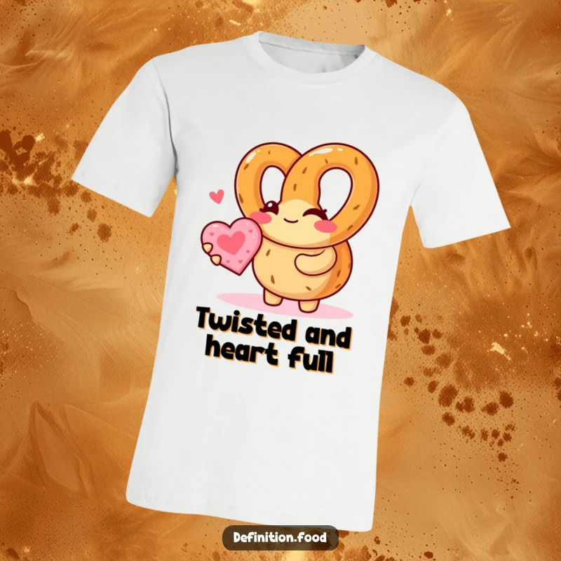 Funny pretzel character winking and offering a tiny heart cookie on a soft t-shirt, conveying warmth and humor with a playful wink.