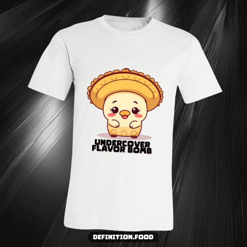 Funny mischievous burrito character peeking from under a sombrero, printed on a hilarious and comfortable t-shirt.