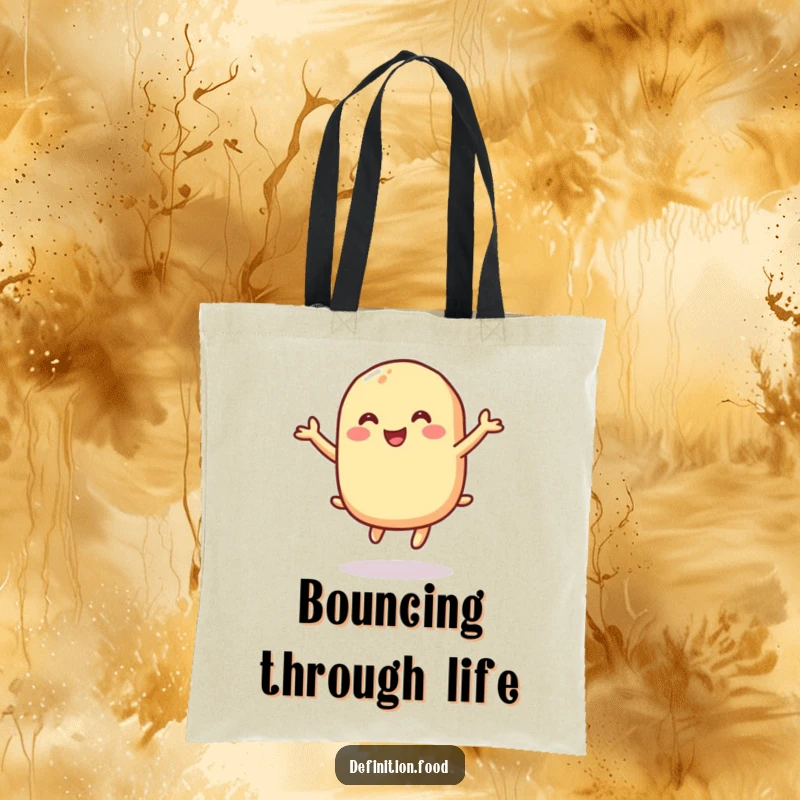 Funny tote bag with a macaroni character gleefully bouncing, perfect for shopping and a funny gift.