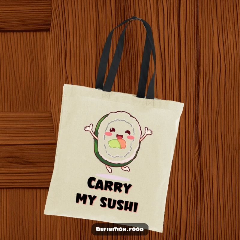 Funny tote bag featuring a happy leaping sushi roll, a humorous and practical accessory for everyday use.